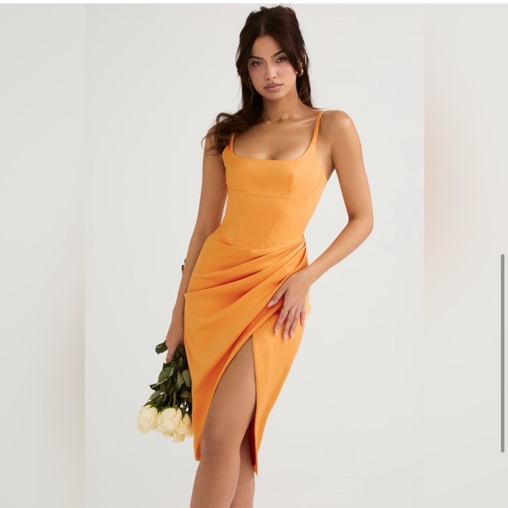 HOUSE OF CB Bianca Tangerine Satin Pleated Midi Dress XS